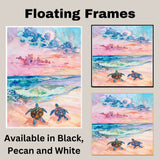 Watercolor Painting of Two Sea Turtles on the Beach Heading Toward Ocean Waves Under a Colorful Sunset Sky on Ready to Hang 1.5" Thick Canvas Wrap, Floating Framed Canvas, Flat Rolled Canvas