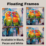 Colorful Abstract Parakeet Pair in Modern Palette Knife Painting Style with Bold Brushstrokes and Vibrant Tropical Bird Expressions on Perch on Ready to Hang 1.5" Thick Canvas Wrap, Floating Framed Canvas, Flat Rolled Canvas
