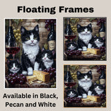Vineyard Charm: Tuxedo Cat Mom and Two Kittens with Wine and Cheese on Ready to Hang 1.5" Thick Canvas Wrap, Floating Framed Canvas, Flat Rolled Canvas