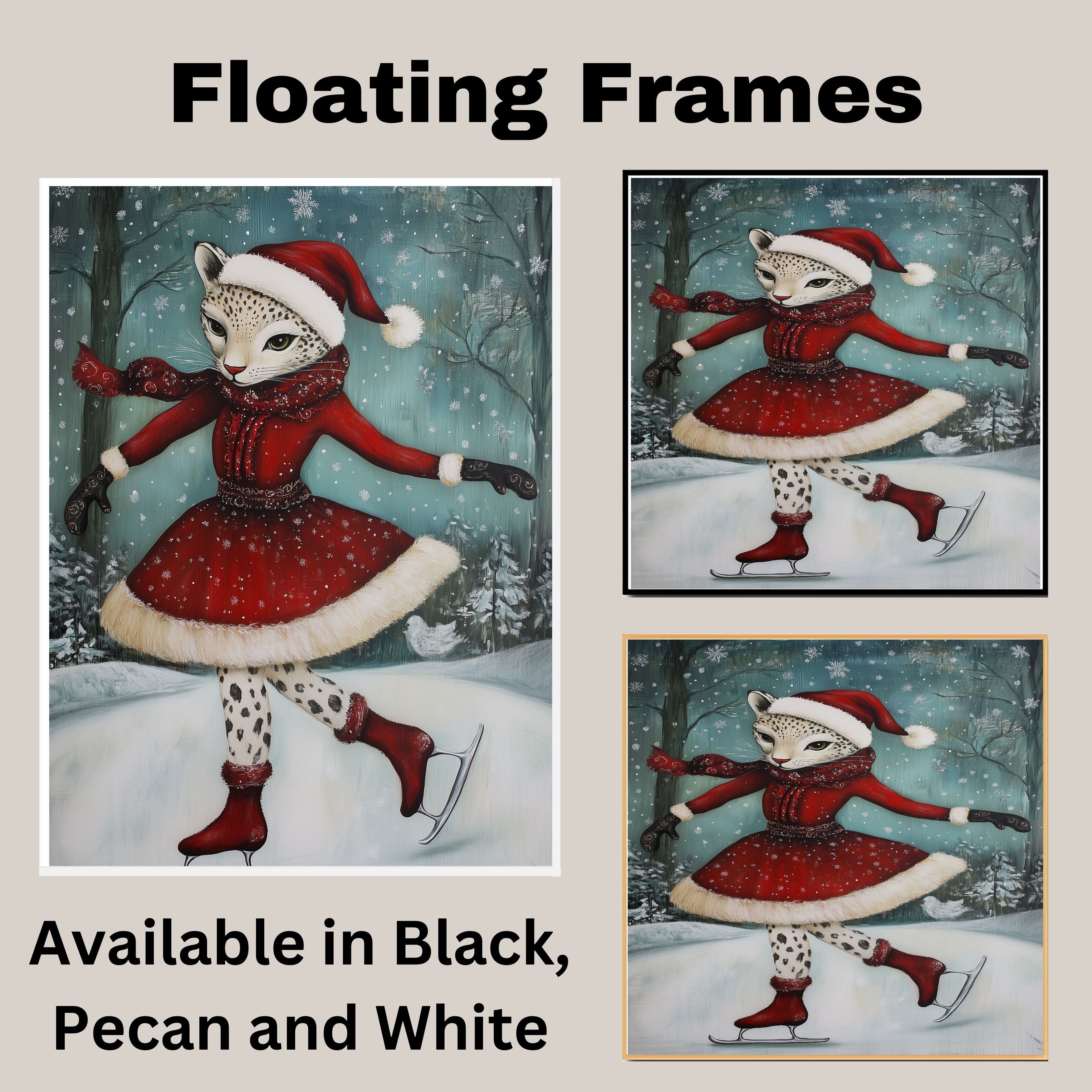 Graceful Christmas Cougar Ice Skating in Red Dress Whimsical Holiday Big Cat Art in Snowy Forest for Winter Decor and Festive Animal-Themed Home Styling on Ready to Hang 1.5" Thick Canvas Wrap, Floating Framed Canvas, Flat Rolled Canvas