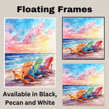 Watercolor Painting of Vibrant Rainbow Beach Chairs Facing Ocean Waves Beneath a Dramatic Sunset Sky on Ready to Hang 1.5" Thick Canvas Wrap, Floating Framed Canvas, Flat Rolled Canvas