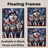 Stars & Paws: Siberian Husky Mom with Three Puppies in a Patriotic Scene - Heartfelt American-Themed Painting on Ready to Hang 1.5" Thick Canvas Wrap, Floating Framed Canvas, Flat Rolled Canvas