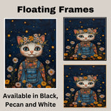 Cute Cat in Overalls with Flower Crown Whimsical Hand Painted Floral Art Night Sky Wall Decor for Nursery Kids Room Bedroom or Gift for Cat Lovers on Ready to Hang 1.5" Thick Canvas Wrap, Floating Framed Canvas, Flat Rolled Canvas