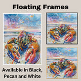 Watercolor Painting of a Colorful Lobster on the Beach with Ocean Waves and Vibrant Sky in Coastal Nautical Style on Ready to Hang 1.5" Thick Canvas Wrap, Floating Framed Canvas, Flat Rolled Canvas