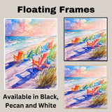 Rainbow Beach Chairs on Sandy Shore Watercolor Painting with Vibrant Ocean Waves and Colorful Summer Sky on Ready to Hang 1.5" Thick Canvas Wrap, Floating Framed Canvas, Flat Rolled Canvas