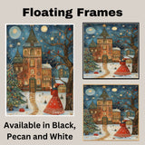 Starry Christmas Night – Folk Art Girl and Village in Snow on Ready to Hang 1.5" Thick Canvas Wrap, Floating Framed Canvas, Flat Rolled Canvas
