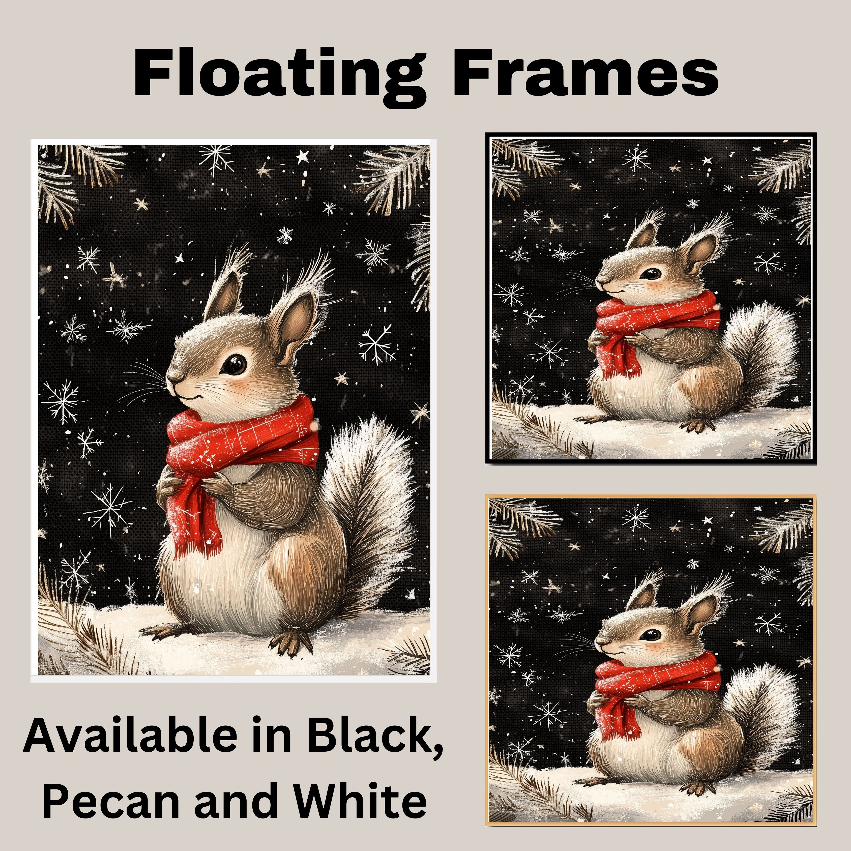 "Winter Delight Squirrel" - Squirrel in Red Scarf Playing in Snow on Ready to Hang 1.5" Thick Canvas Wrap, Floating Framed Canvas, Flat Rolled Canvas