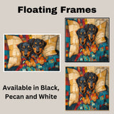 Painting of Two Dachshund Puppies in Colorful Pajamas Snuggled Under a Patchwork Quilt with Big Eyes and Floppy Ears in a Cozy Bed Surrounded by Soft Pillows on Ready to Hang 1.5" Thick Canvas Wrap, Floating Framed Canvas, Flat Rolled Canvas