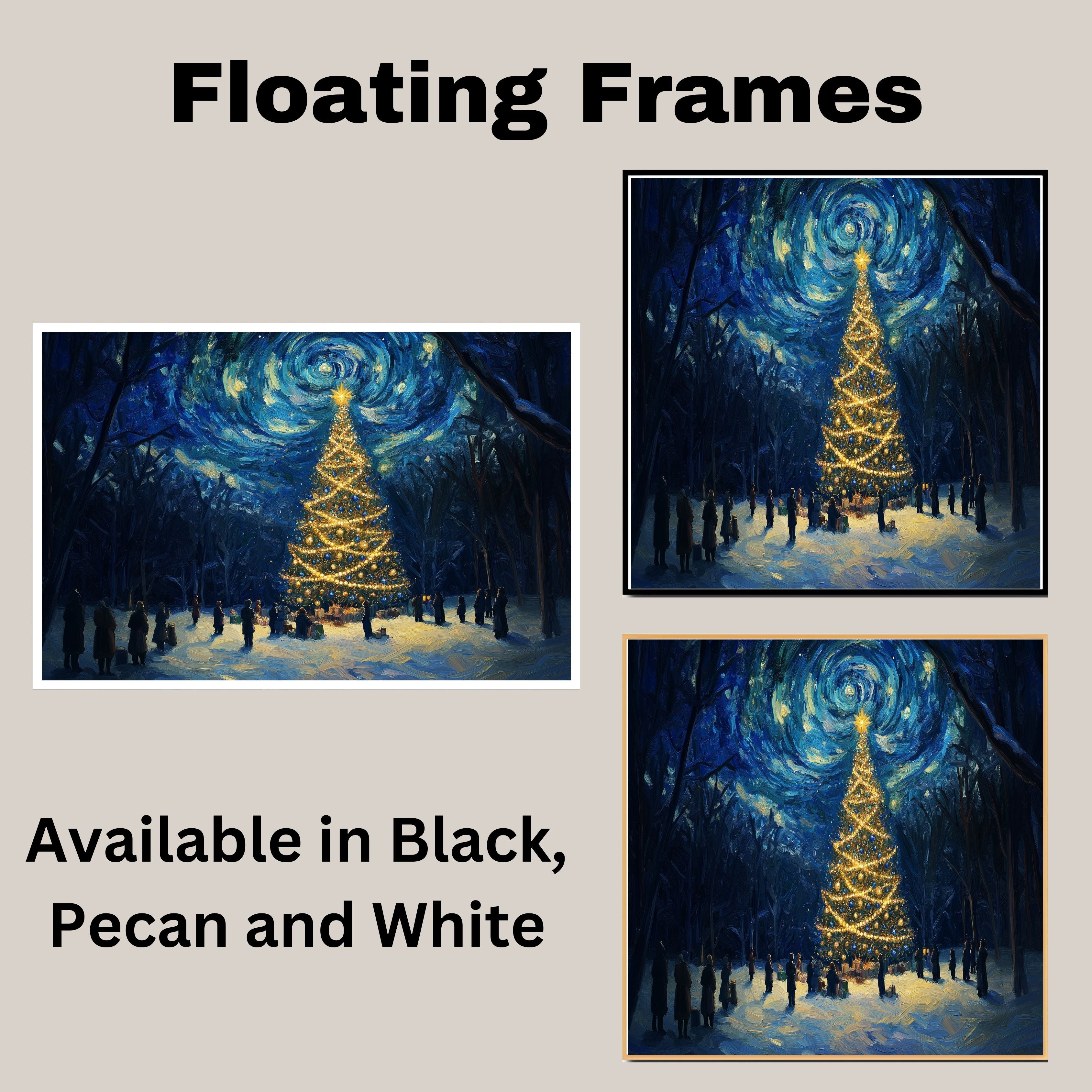 Magical Christmas Scene with Glowing Tree and Swirling Starry Sky, Winter Night Celebration with People in a Snowy Forest Surrounded by Gifts and Light on Ready to Hang 1.5" Thick Canvas Wrap, Floating Framed Canvas, Flat Rolled Canvas