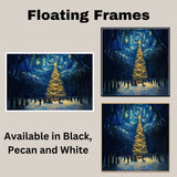 Magical Christmas Scene with Glowing Tree and Swirling Starry Sky, Winter Night Celebration with People in a Snowy Forest Surrounded by Gifts and Light on Ready to Hang 1.5" Thick Canvas Wrap, Floating Framed Canvas, Flat Rolled Canvas