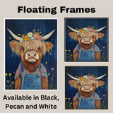 Highland Cow Wall Art Adorable Cow in Overalls and Flower Crown Rustic Farmhouse Decor for Kids Room Bedroom or Gift for Cow Lovers and Animal Art Fans on Ready to Hang 1.5" Thick Canvas Wrap, Floating Framed Canvas, Flat Rolled Canvas