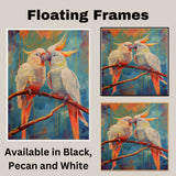 Elegant Cockatoo Pair Artwork Featuring White and Peach Parrots with Flared Crests Sitting Together on a Branch with a Colorful Abstract Background on Ready to Hang 1.5" Thick Canvas Wrap, Floating Framed Canvas, Flat Rolled Canvas