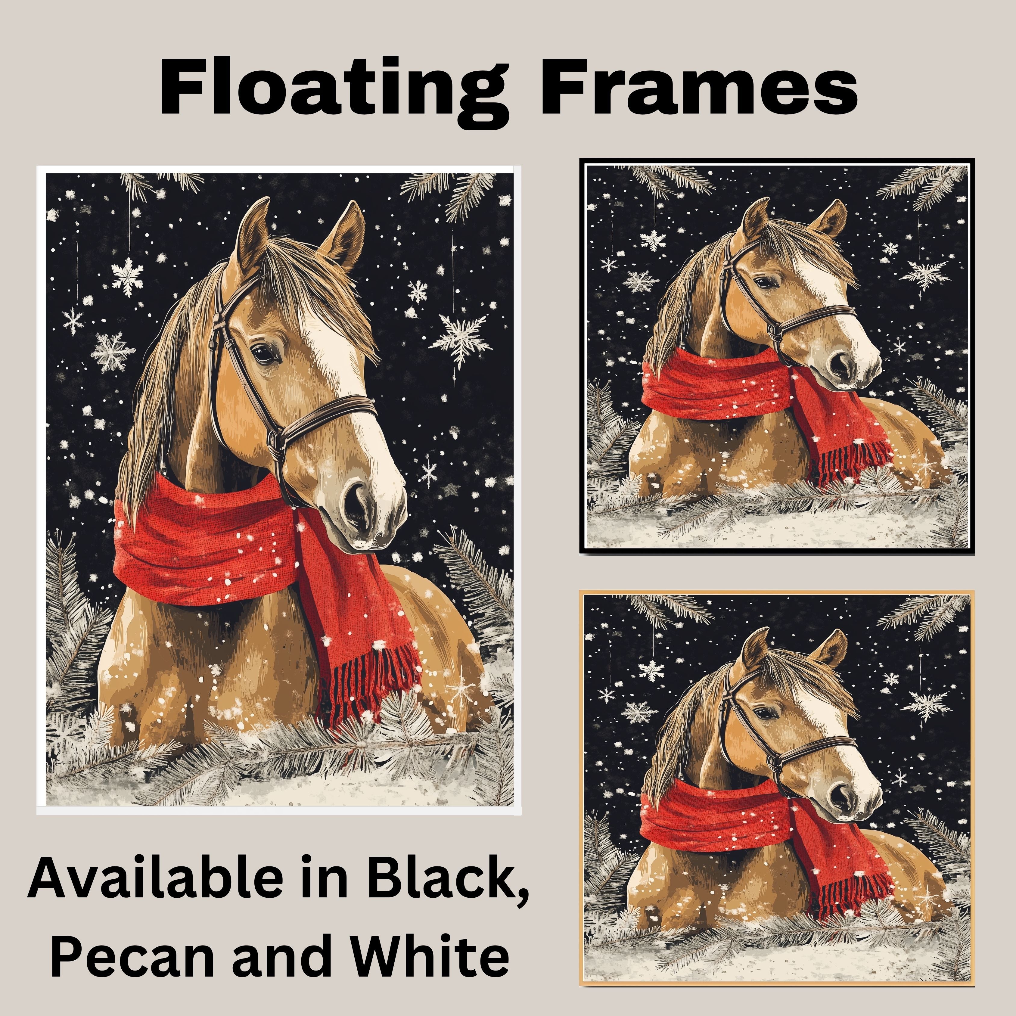 "Frosted Grace Horse" - Horse in Red Scarf Standing in Snowy Winter Scene on Ready to Hang 1.5" Thick Canvas Wrap, Floating Framed Canvas, Flat Rolled Canvas