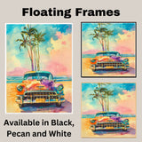 Watercolor Painting of Retro Car on Tropical Beach with Palm Trees and Colorful Sky Background on Ready to Hang 1.5" Thick Canvas Wrap, Floating Framed Canvas, Flat Rolled Canvas
