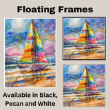 Vibrant Sailboat Watercolor Painting with Ocean Waves, Colorful Sky, and Reflections on the Shore on Ready to Hang 1.5" Thick Canvas Wrap, Floating Framed Canvas, Flat Rolled Canvas