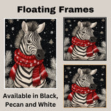 "Snowy Stripes Zebra" - Zebra in Red Scarf Standing in Winter Snow on Ready to Hang 1.5" Thick Canvas Wrap, Floating Framed Canvas, Flat Rolled Canvas