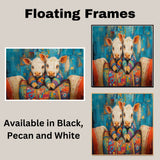 Playful Painting of Two Cows in Colorful Pajamas Sitting Close Under a Patchwork Quilt with Big Eyes and a Bold Blue and Orange Abstract Background on Ready to Hang 1.5" Thick Canvas Wrap, Floating Framed Canvas, Flat Rolled Canvas