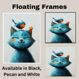 Smiling Blue Cat with Orange-Breasted Bird on Head Playful Whimsical Animal Illustration for Nursery or Kids Room Cute Art for Cat and Bird Lovers on Ready to Hang 1.5" Thick Canvas Wrap, Floating Framed Canvas, Flat Rolled Canvas
