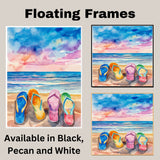 Vibrant Watercolor of Four Colorful Flip-Flops on Sandy Beach with Ocean Waves and Sunset Sky in Summer Coastal Style on Ready to Hang 1.5" Thick Canvas Wrap, Floating Framed Canvas, Flat Rolled Canvas