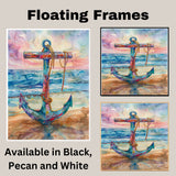 Watercolor Painting of a Multicolored Anchor on Beach with Ocean Waves and Colorful Sunset Sky | Nautical Coastal Wall Art on Ready to Hang 1.5" Thick Canvas Wrap, Floating Framed Canvas, Flat Rolled Canvas