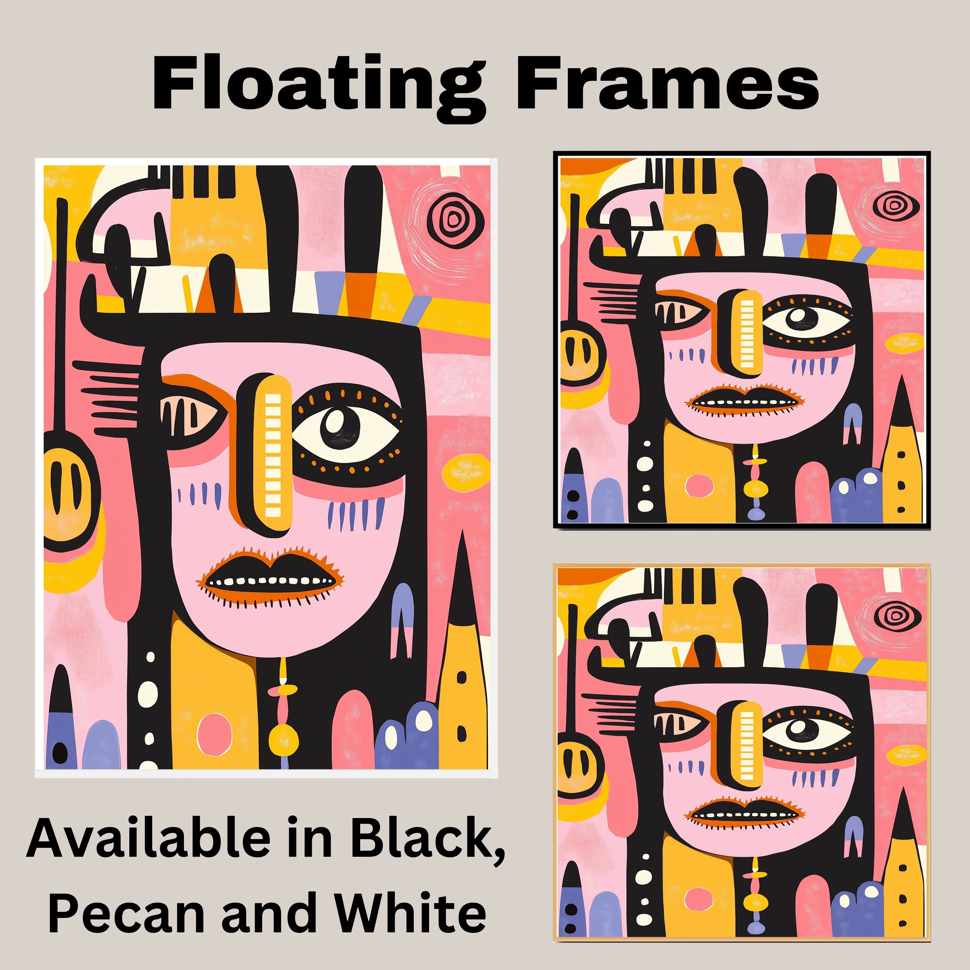 Bold Abstract Face Illustration with Pink and Yellow Tones in Mid-Century Modern and Tribal Pop Art Style on Ready to Hang 1.5" Thick Canvas Wrap, Floating Framed Canvas, Flat Rolled Canvas