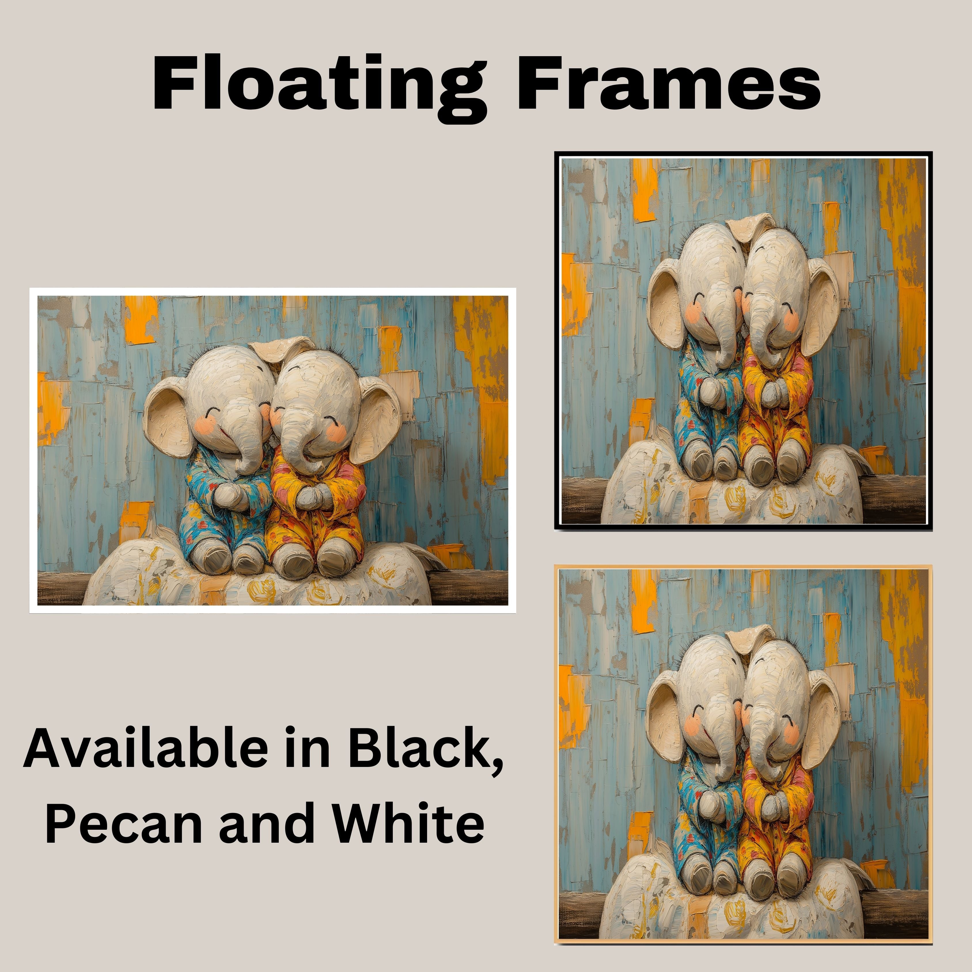 Adorable Painting of Two Baby Elephants Snuggling in Pajamas with Happy Expressions and a Colorful Textured Background in Warm Blue and Orange Tones on Ready to Hang 1.5" Thick Canvas Wrap, Floating Framed Canvas, Flat Rolled Canvas