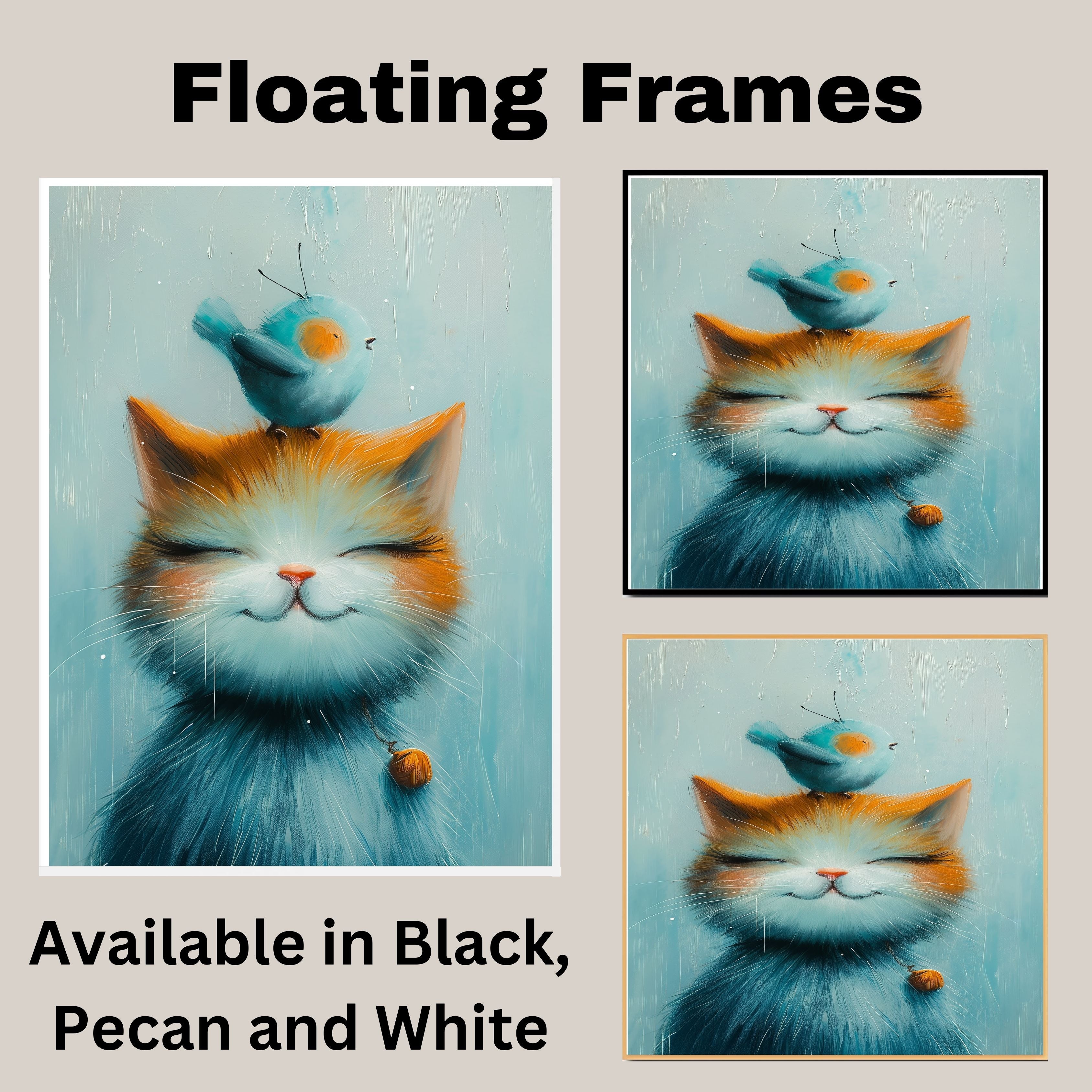 Adorable Painting of a Smiling Kitten with a Blue Bird on Its Head and Bell Collar Ideal for Whimsical Nursery Decor or Cat and Animal Lovers' Gifts on Ready to Hang 1.5" Thick Canvas Wrap, Floating Framed Canvas, Flat Rolled Canvas