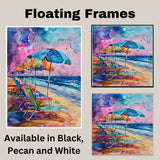 Vibrant Watercolor Painting of Beach Chairs and Umbrellas by the Ocean on Ready to Hang 1.5" Thick Canvas Wrap, Floating Framed Canvas, Flat Rolled Canvas