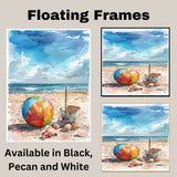 Watercolor Beach Scene with Colorful Ball, Shells, Metal Pail, and Shovel on Sandy Shore with Blue Ocean and Sky on Ready to Hang 1.5" Thick Canvas Wrap, Floating Framed Canvas, Flat Rolled Canvas