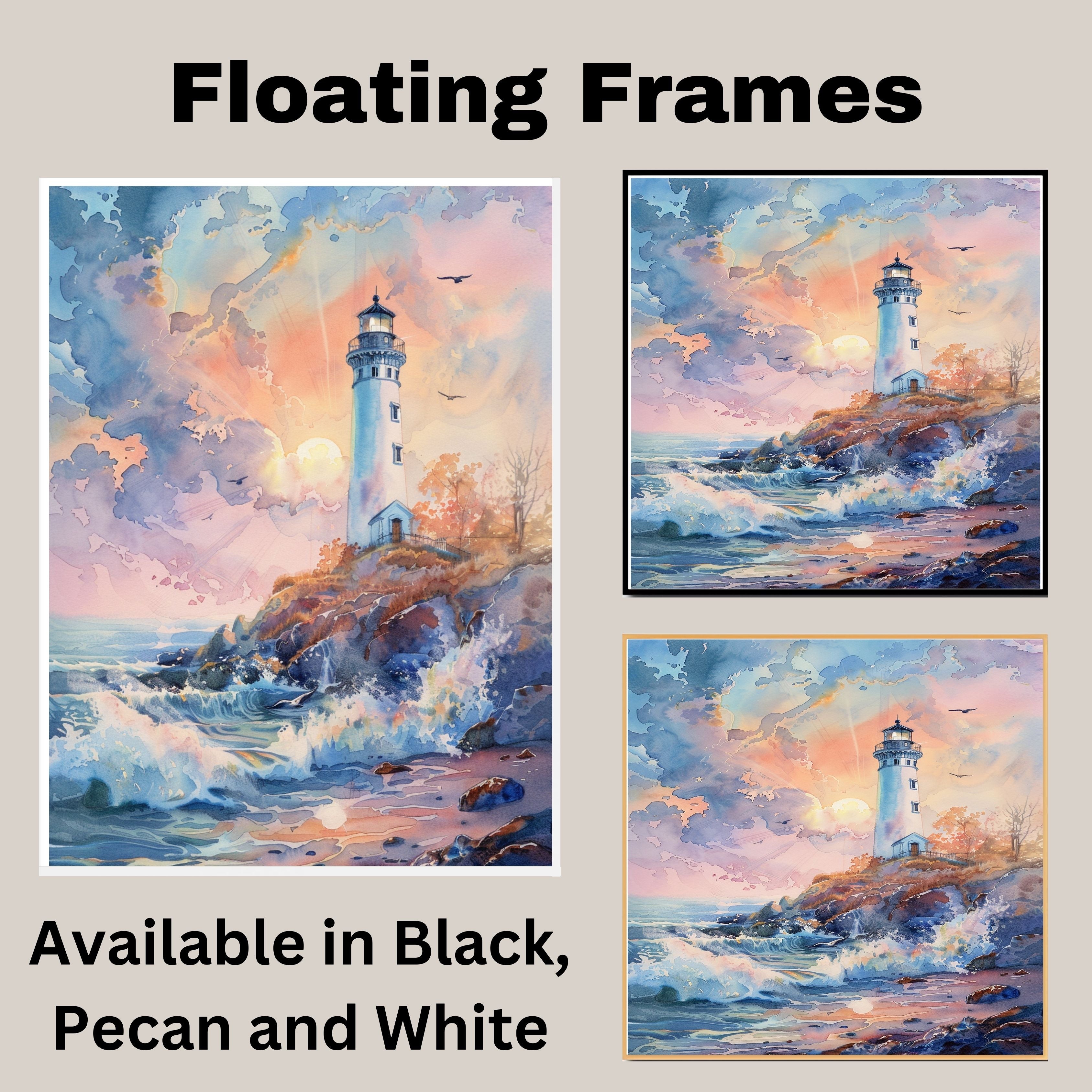 Majestic Lighthouse on Rocky Shore at Sunrise with Crashing Waves and Radiant Sky in Serene Watercolor Nautical Scene on Ready to Hang 1.5" Thick Canvas Wrap, Floating Framed Canvas, Flat Rolled Canvas
