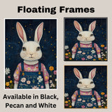 Whimsical White Bunny in Floral Overalls Hand Painted Art Dreamy Starry Night Scene Perfect for Nursery Kids Room Home Wall Decor Bedroom or Gift on Ready to Hang 1.5" Thick Canvas Wrap, Floating Framed Canvas, Flat Rolled Canvas