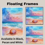 Watercolor Painting of a Multicolored Snail on a Sandy Beach with Ocean Waves and Vibrant Pastel Sky in Coastal Style on Ready to Hang 1.5" Thick Canvas Wrap, Floating Framed Canvas, Flat Rolled Canvas