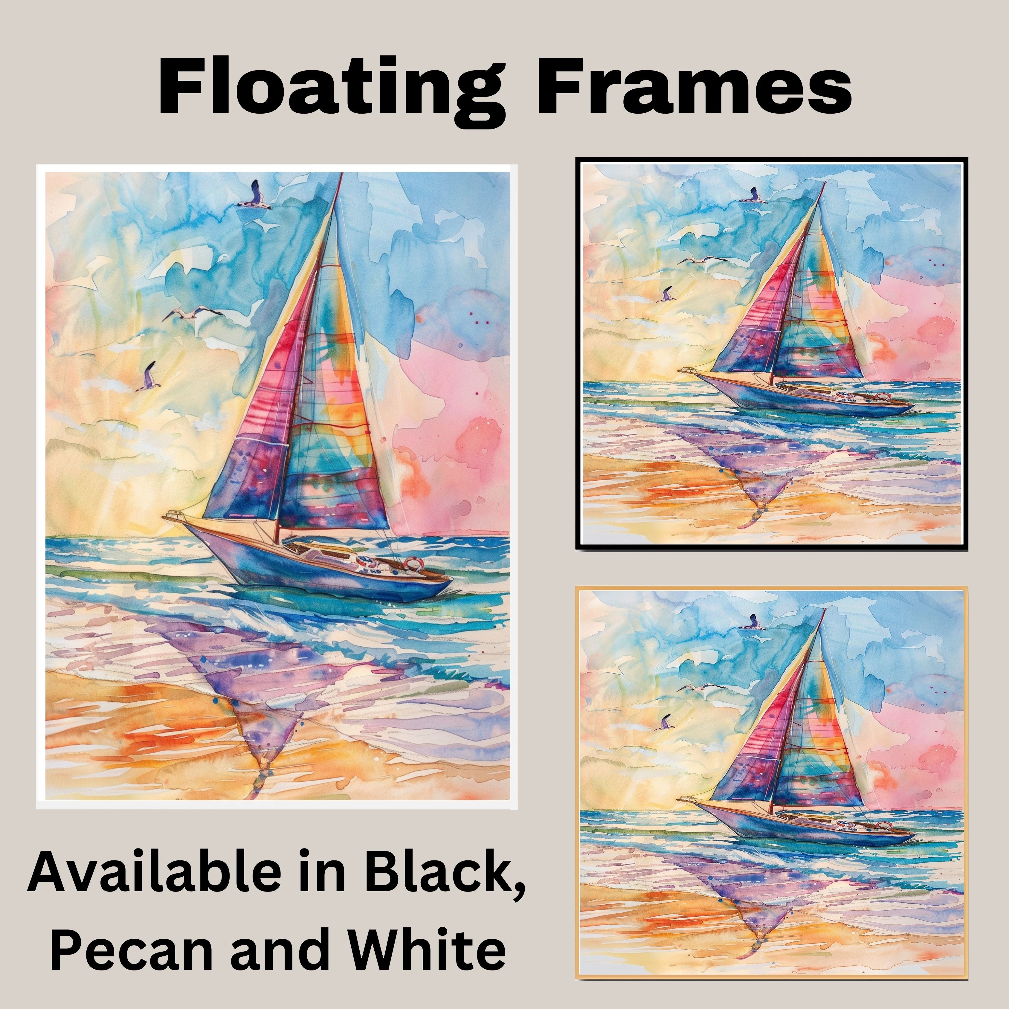 Colorful Sailboat Watercolor Painting with Ocean Waves, Sunset Sky, and Flying Seagulls on Ready to Hang 1.5" Thick Canvas Wrap, Floating Framed Canvas, Flat Rolled Canvas