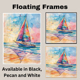 Colorful Sailboat Watercolor Painting with Ocean Waves, Sunset Sky, and Flying Seagulls on Ready to Hang 1.5" Thick Canvas Wrap, Floating Framed Canvas, Flat Rolled Canvas