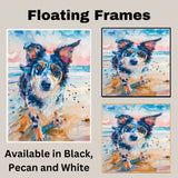Watercolor Painting of a Multicolored Dog on the Beach – Energetic Coastal Pet Art Print in Vibrant Colors on Ready to Hang 1.5" Thick Canvas Wrap, Floating Framed Canvas, Flat Rolled Canvas