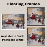 Festive Winter Scene with Red Barn, Snowy Cabin, Horse-Drawn Sleigh, Christmas Tree, and Cozy Countryside Charm on Ready to Hang 1.5" Thick Canvas Wrap, Floating Framed Canvas, Flat Rolled Canvas