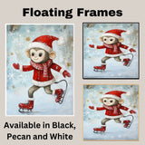 Whimsical Christmas Monkey Ice Skating in Red Jacket and Santa Hat – Playful Holiday Animal Illustration for Nursery Art, Seasonal Gifts, or Winter Decor on Ready to Hang 1.5" Thick Canvas Wrap, Floating Framed Canvas, Flat Rolled Canvas