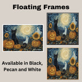 Starry Halloween Night – Black Cat, Pumpkin, and Ghosts Wall Art in Van Gogh Style on Ready to Hang 1.5" Thick Canvas Wrap, Floating Framed Canvas, Flat Rolled Canvas