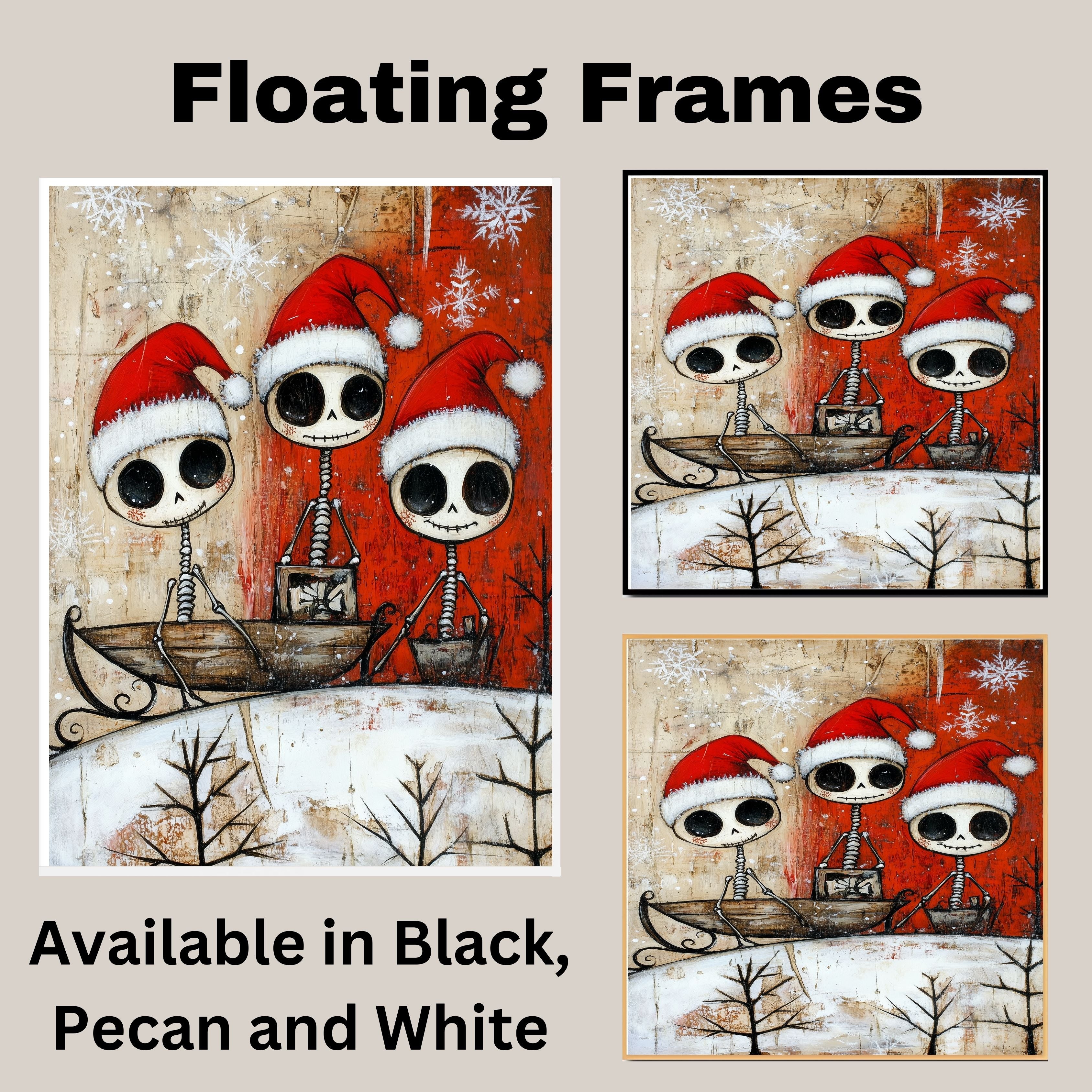 Cute Skeleton Trio Sleigh Ride Christmas Art Print – Whimsical Gothic Holiday Decor with Santa Hats & Gifts, Alternative Winter Wall Art for Spooky Season Lovers on Ready to Hang 1.5" Thick Canvas Wrap, Floating Framed Canvas, Flat Rolled Canvas
