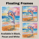 Watercolor Painting of Vibrant Dolphin Leaping Above Ocean Shore with Splashing Waves and Sunset Reflections on the Sand on Ready to Hang 1.5" Thick Canvas Wrap, Floating Framed Canvas, Flat Rolled Canvas