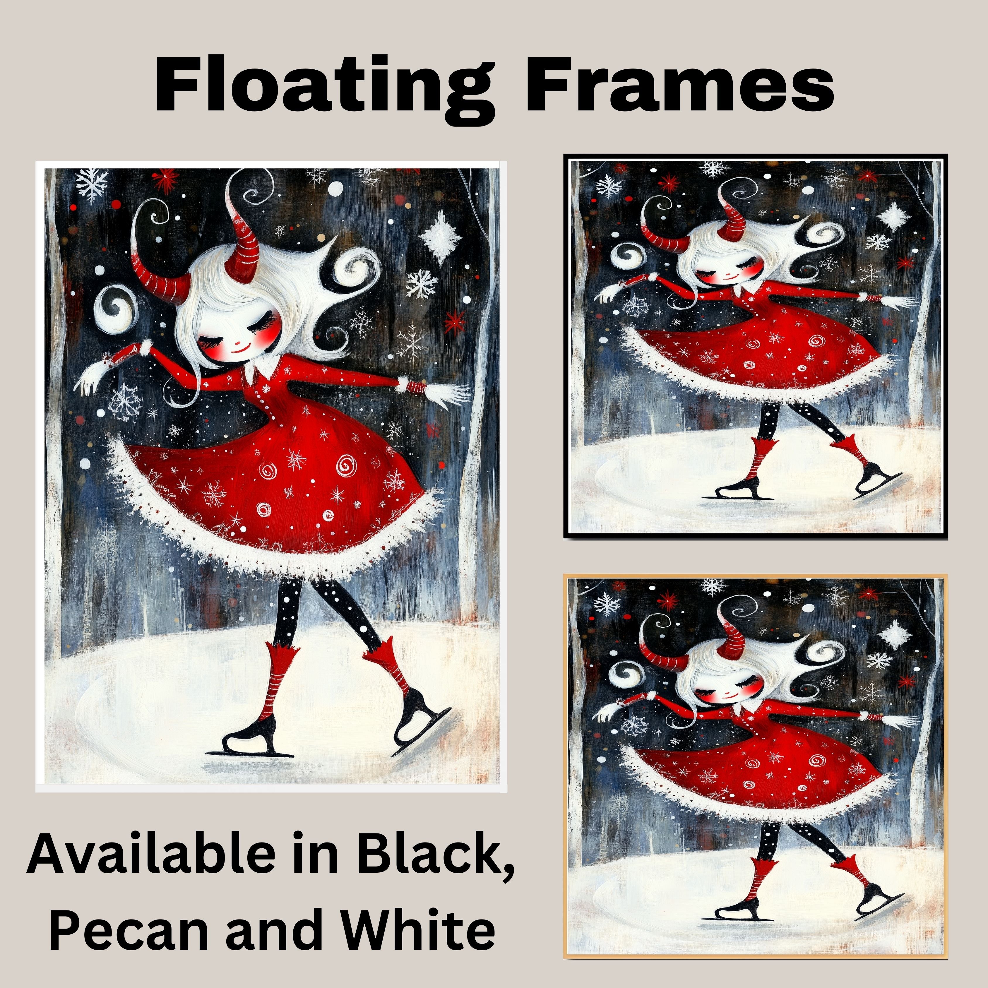Whimsical Christmas Devil Girl Ice Skating in Red Winter Dress with White Hair and Twisted Horns Cute Fantasy Holiday Art Print or Canvas for Gothic Decor on Ready to Hang 1.5" Thick Canvas Wrap, Floating Framed Canvas, Flat Rolled Canvas