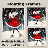 Whimsical Christmas Devil Girl Ice Skating in Red Winter Dress with White Hair and Twisted Horns Cute Fantasy Holiday Art Print or Canvas for Gothic Decor on Ready to Hang 1.5" Thick Canvas Wrap, Floating Framed Canvas, Flat Rolled Canvas
