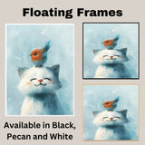 Smiling White Cat with Colorful Bird on Head Playful Animal Art for Kids Room Nursery and Cat Lovers Whimsical Gift for Animal and Nature Enthusiasts on Ready to Hang 1.5" Thick Canvas Wrap, Floating Framed Canvas, Flat Rolled Canvas