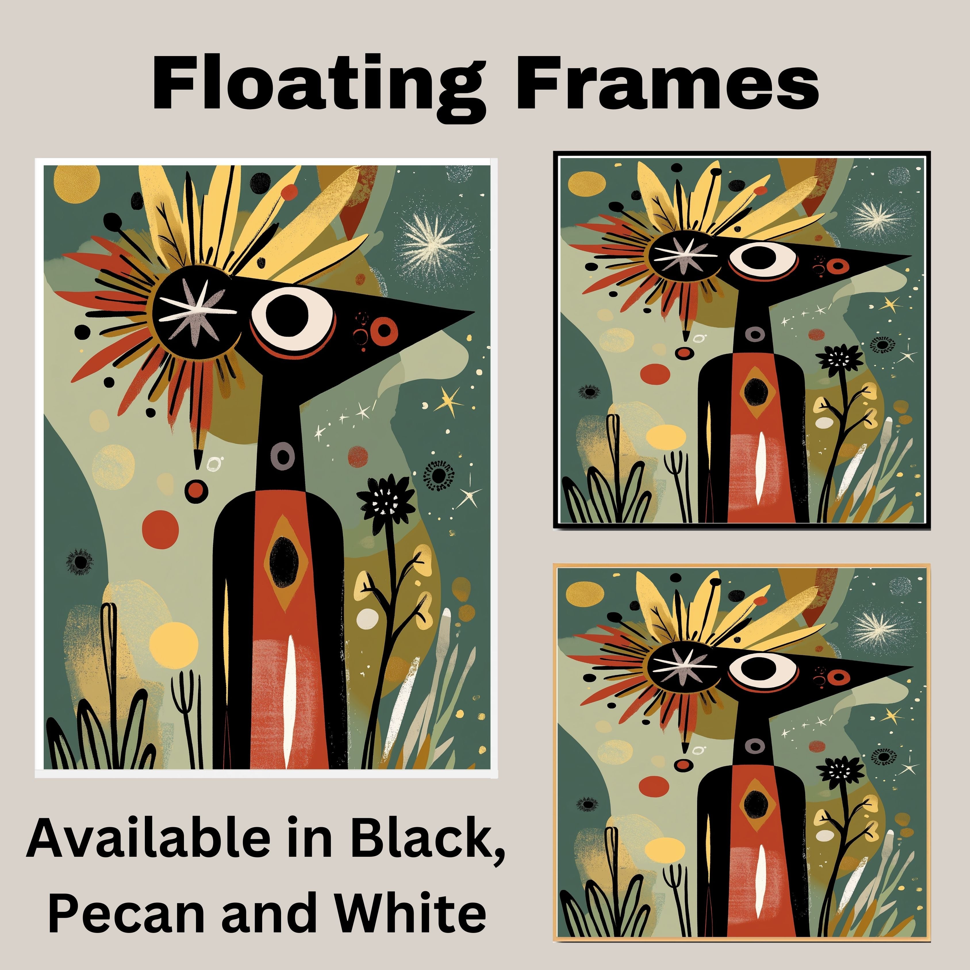 Abstract Tribal-Inspired Figure in Cosmic Botanical Scene with Mid-Century Modern and Folk Art Elements on Ready to Hang 1.5" Thick Canvas Wrap, Floating Framed Canvas, Flat Rolled Canvas