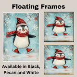 Whimsical Christmas Penguin Ice Skating in Red Scarf and Santa Hat – Cheerful Holiday Animal Art for Winter Nursery Decor, Gifts, or Seasonal Wall Accents on Ready to Hang 1.5" Thick Canvas Wrap, Floating Framed Canvas, Flat Rolled Canvas