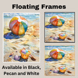 Watercolor Painting of a Colorful Beach Ball and Toy Bucket with Shells on Sandy Shoreline by the Ocean on Ready to Hang 1.5" Thick Canvas Wrap, Floating Framed Canvas, Flat Rolled Canvas