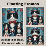 Stars, Stripes & Whiskers: Tuxedo Cat Mom with Two Kittens in a Patriotic Setting - American-Themed Painting on Ready to Hang 1.5" Thick Canvas Wrap, Floating Framed Canvas, Flat Rolled Canvas