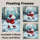 Whimsical Christmas Dog Ice Skating in Red Scarf and Santa Hat Canvas or Winter Wall Art Print on Ready to Hang 1.5" Thick Canvas Wrap, Floating Framed Canvas, Flat Rolled Canvas