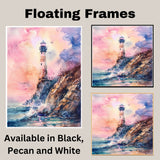 Vibrant Lighthouse on Ocean Cliff with Crashing Waves and Soaring Birds in a Stunning Watercolor Sunset Seascape Scene on Ready to Hang 1.5" Thick Canvas Wrap, Floating Framed Canvas, Flat Rolled Canvas