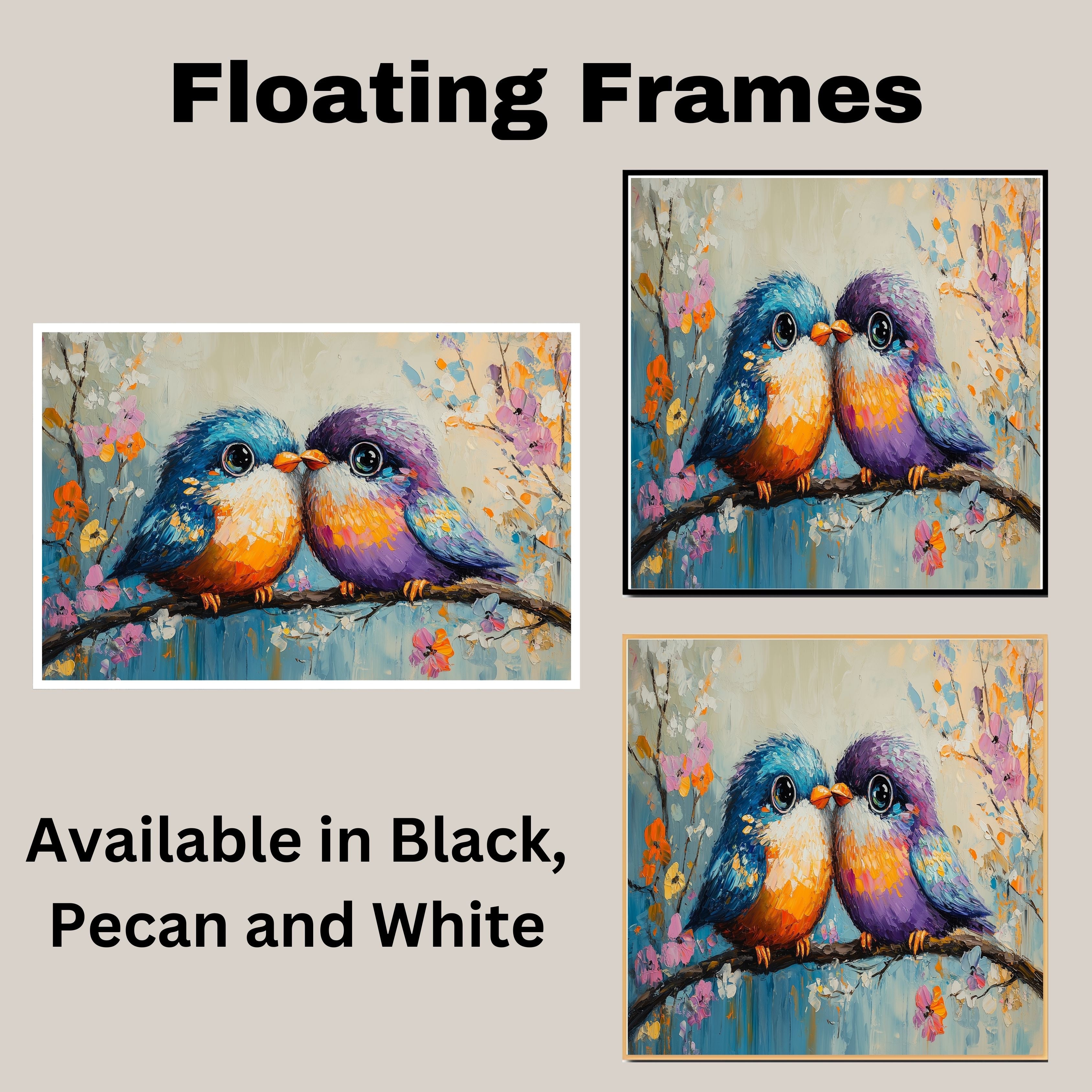 Painting of Two Plump Birds Touching Beaks While Sitting on a Blooming Branch Surrounded by Bright Spring Flowers with Vivid Feathers and Big Shiny Eyes on Ready to Hang 1.5" Thick Canvas Wrap, Floating Framed Canvas, Flat Rolled Canvas